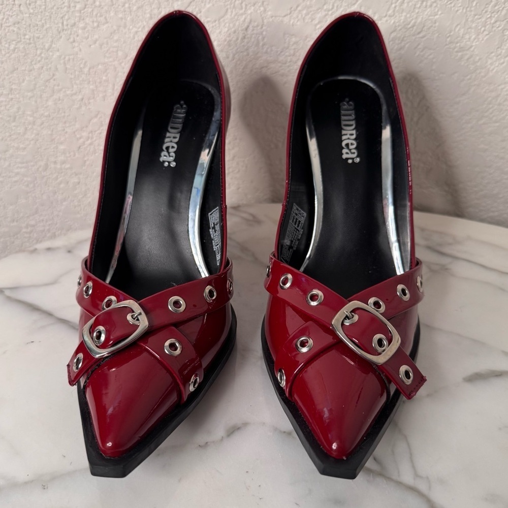 ANDREA stilettos, pumps,unique heel,double strap,pumps in red SZ 9